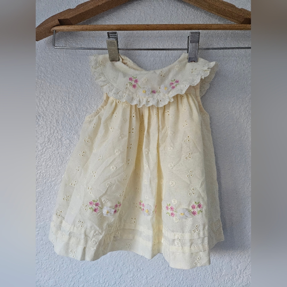 Vintage Cream Eyelet Dress with Pink Embroidered Flowers - Vintage